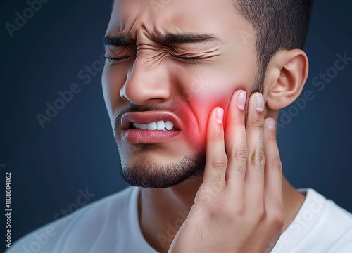 Handsome young man suffering from toothache photo