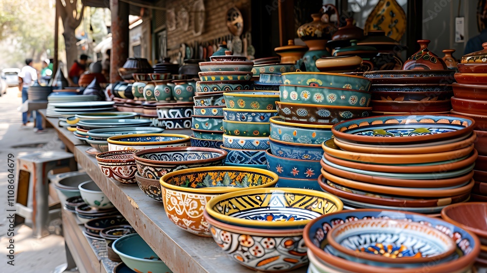 Fototapeta premium Urban bazaar: exotic crockery sets and international kitchenware at a street market stall