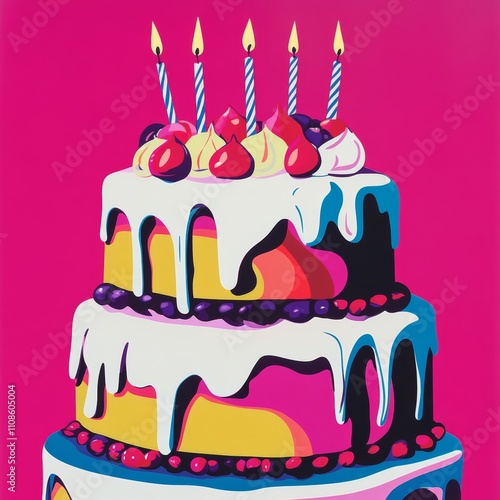 A retro-style design featuring a bakery-themed birthday cake decorated with vibrant icing, displayed against a bold pink background with high contrast for a kitsch pop-art effect