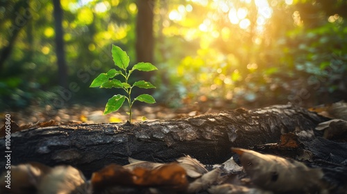 New Life Emerging A Sapling Sprouting from a Forest Log at Sunrise, Nature Rebirth Concept