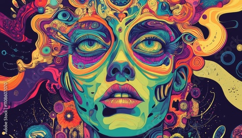 Psychedelic Portrait Illustration. Psychedelic Face. Colorful Abstract Female Face. Surrealist Art Background. Abstract Face Art Background.