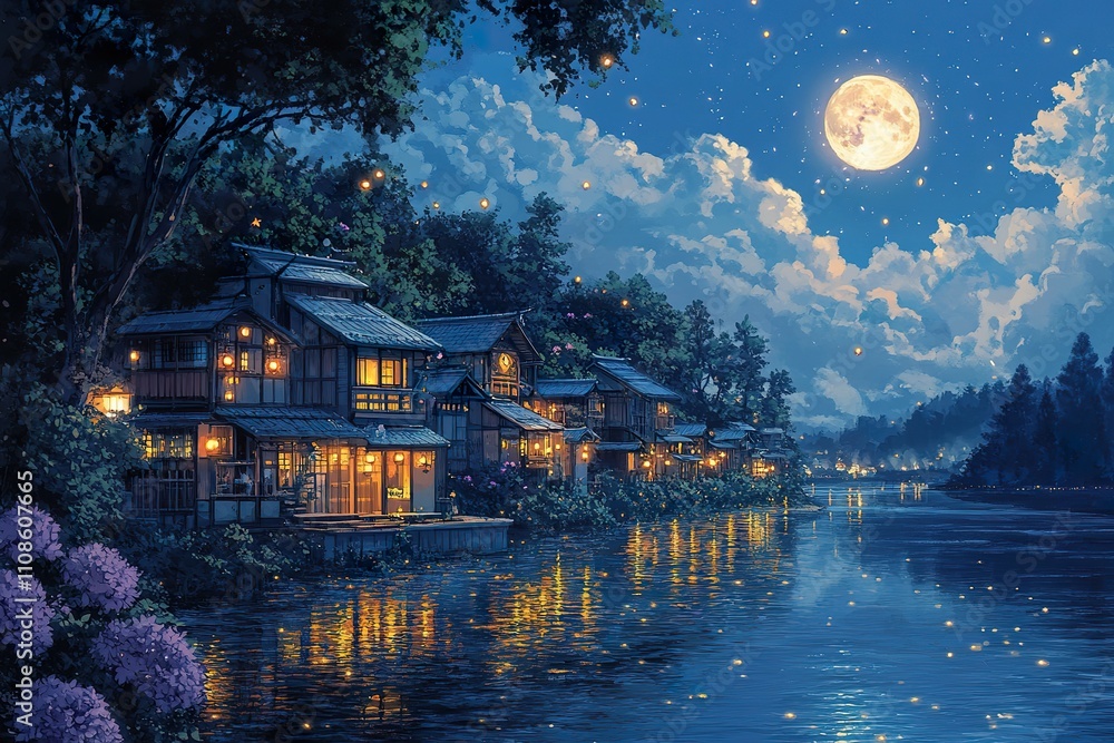 Fototapeta premium Serene Moonlit Village Beside Tranquil Water