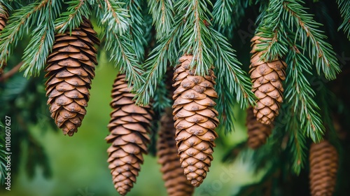 Close-up of pine cones hanging from the branches photo