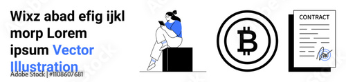 Woman sitting on a block using a smartphone, Bitcoin symbol in a circle, contract document with handwritten signature. Ideal for finance, technology, cryptocurrency, business, legal services, digital