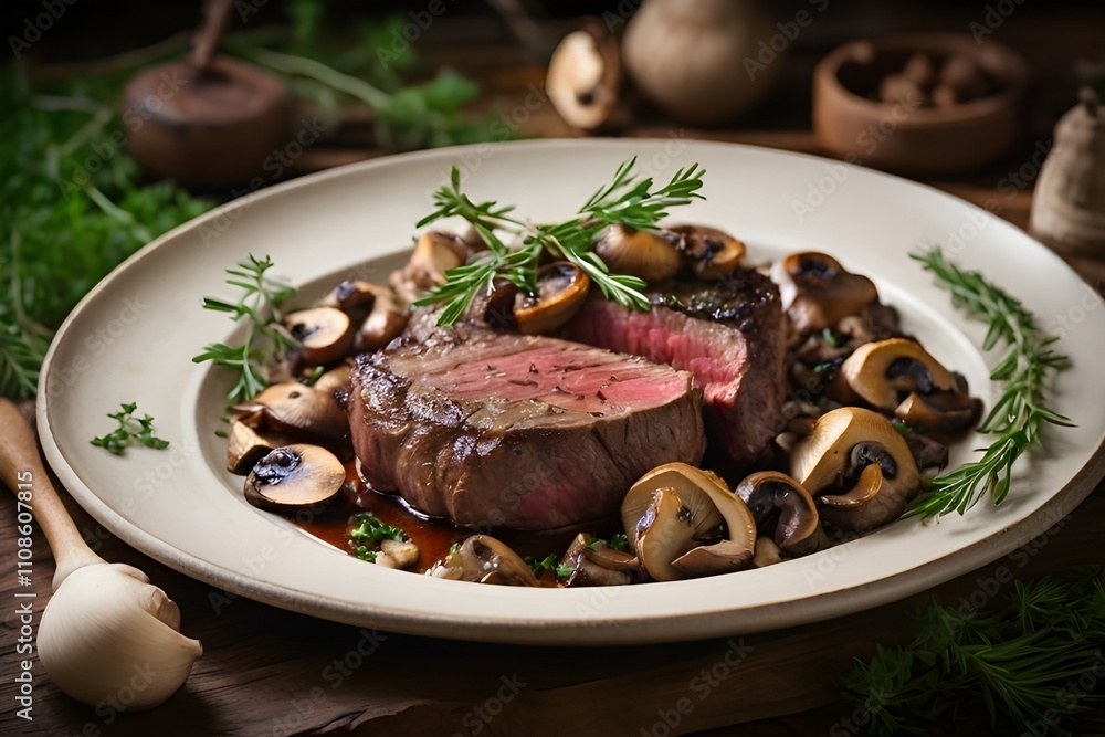 Venison steak with mushrooms and herbs, evoking rustic wild game cuisine Venison steak with mushrooms and herbs, evoking rustic wild game cuisine