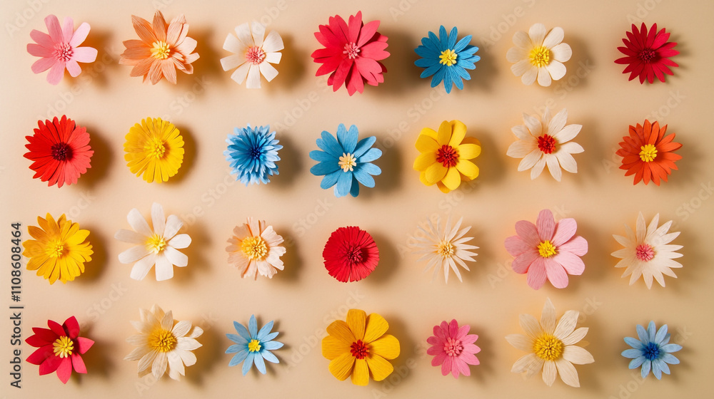 Vibrant display of handcrafted paper flowers arranged in colorful patterns on a light background Vibrant display of handcrafted paper flowers arranged in colorful patterns on a light background