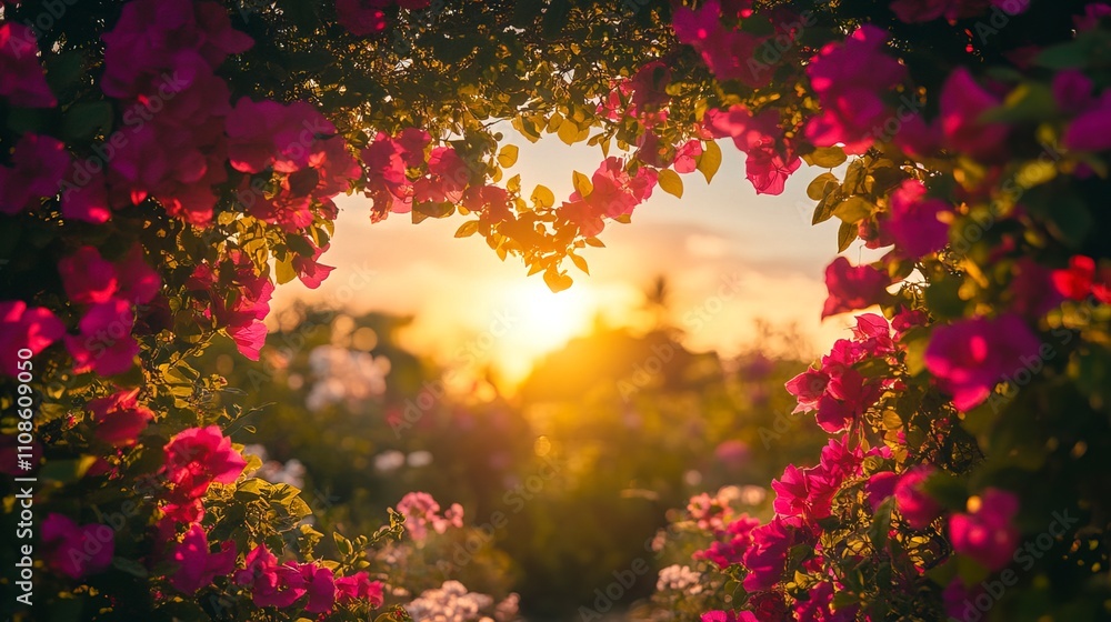 Heart-shaped floral arch in a blooming garden, golden hour light, pink and red flowers framing the view, wide-angle lens. Heart-shaped floral arch in a blooming garden, golden hour light, pink and red flowers framing the view, wide-angle lens.