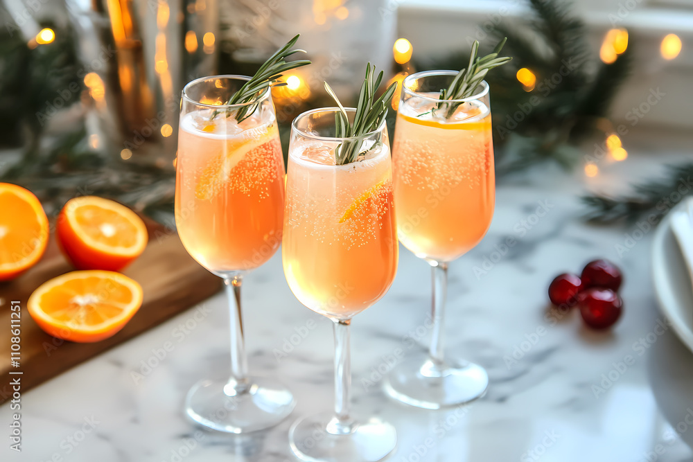 Three festive orange cocktails garnished with rosemary sprigs, surrounded by fresh orange slices and holiday decor on a marble countertop. Three festive orange cocktails garnished with rosemary sprigs, surrounded by fresh orange slices and holiday decor on a marble countertop.