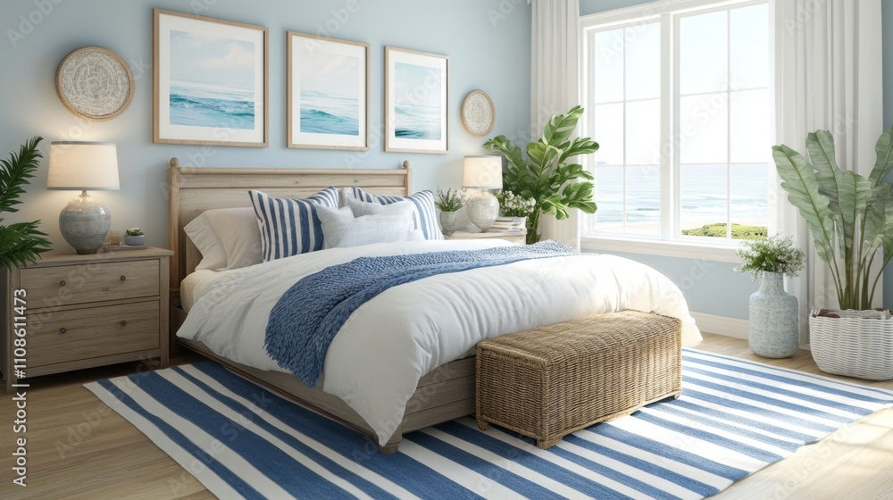 Fototapeta premium Coastal Bedroom with Ocean View - A Serene Retreat