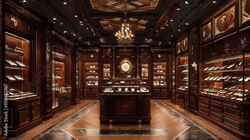 Luxurious jewelry store interior with ornate wood, display cases, and chandelier.