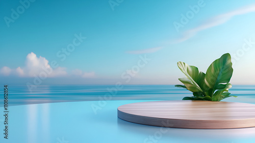 3d wood podium summer background for product display platform scene with sea beach sky cloud, Empty minimal wooden stage design, ai generate