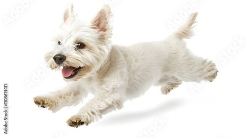 Happy West Highland White Terrier puppy dog running and jumping in mid-air isolated on white background.