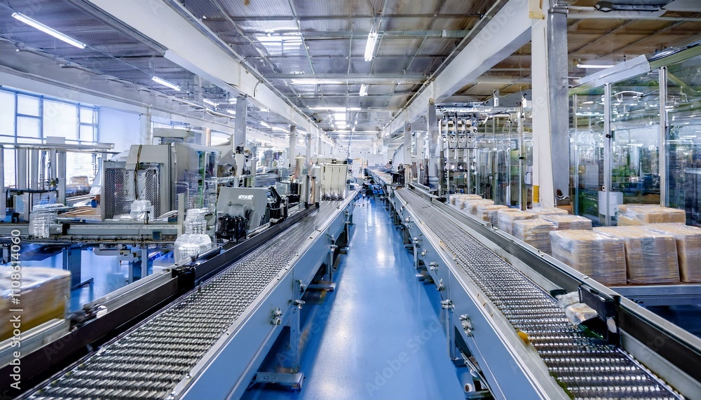 Obraz premium 자동화된 생산 라인 위에서 움직이는 컨베이어 벨트와 제품들의 윤곽