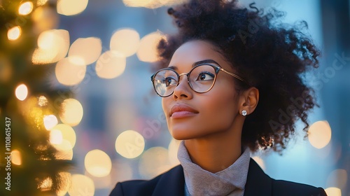 A businesswoman explaining a project as Christmas garlands hang in the background