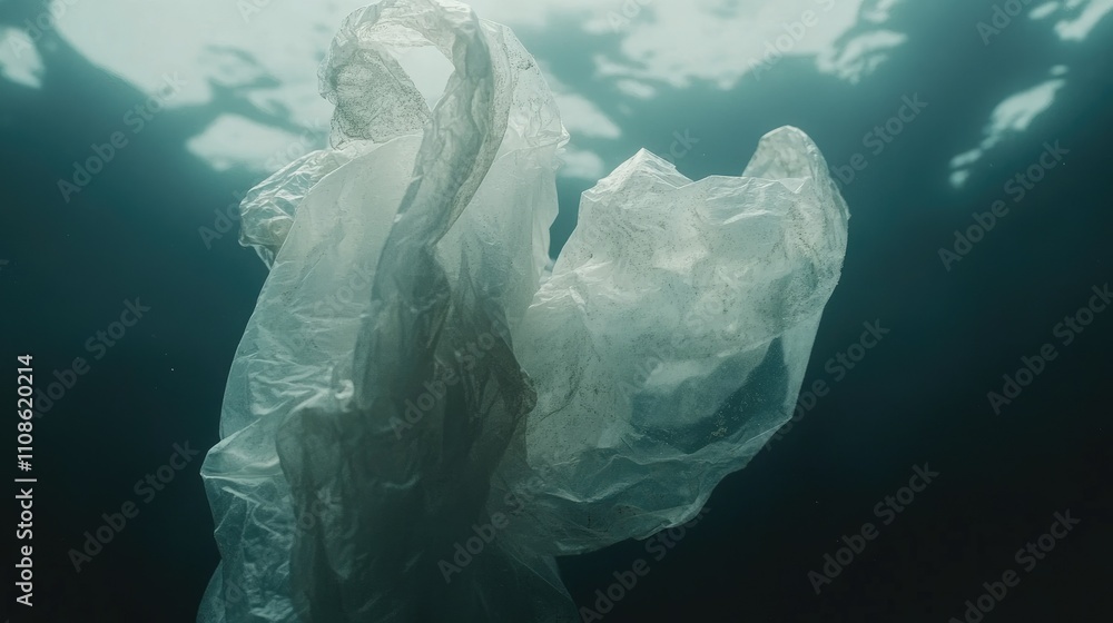 Fototapeta premium Close-up of a plastic bag drifting through ocean water, highlighting the pollution and its threat to marine life, a stark reminder of environmental harm