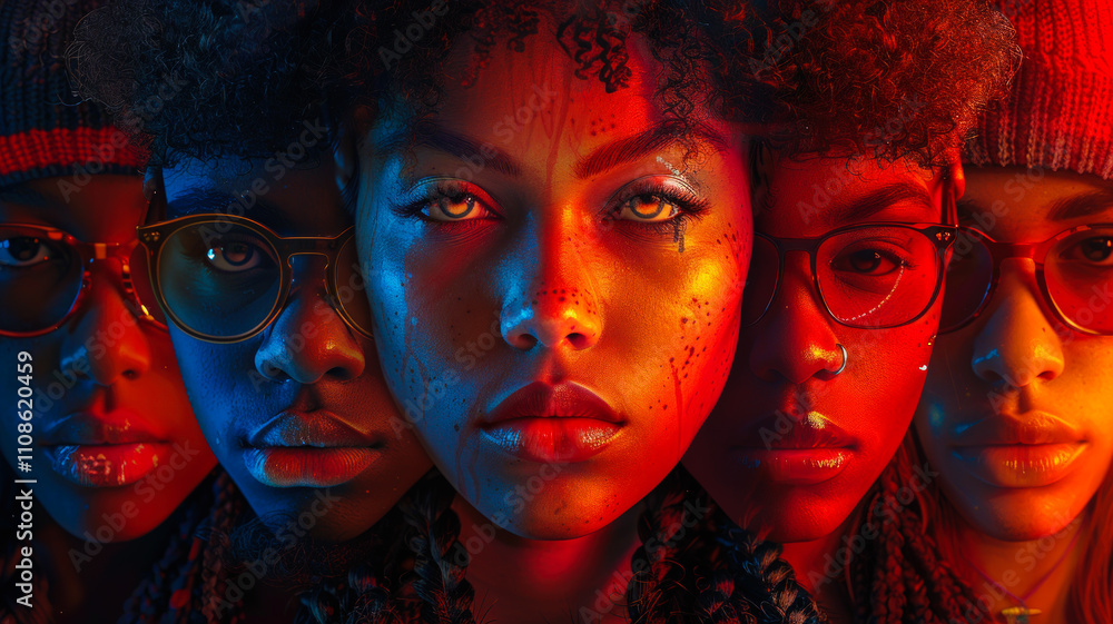 Fototapeta premium Vibrant Portrait of Diverse Faces in Dramatic Lighting 
