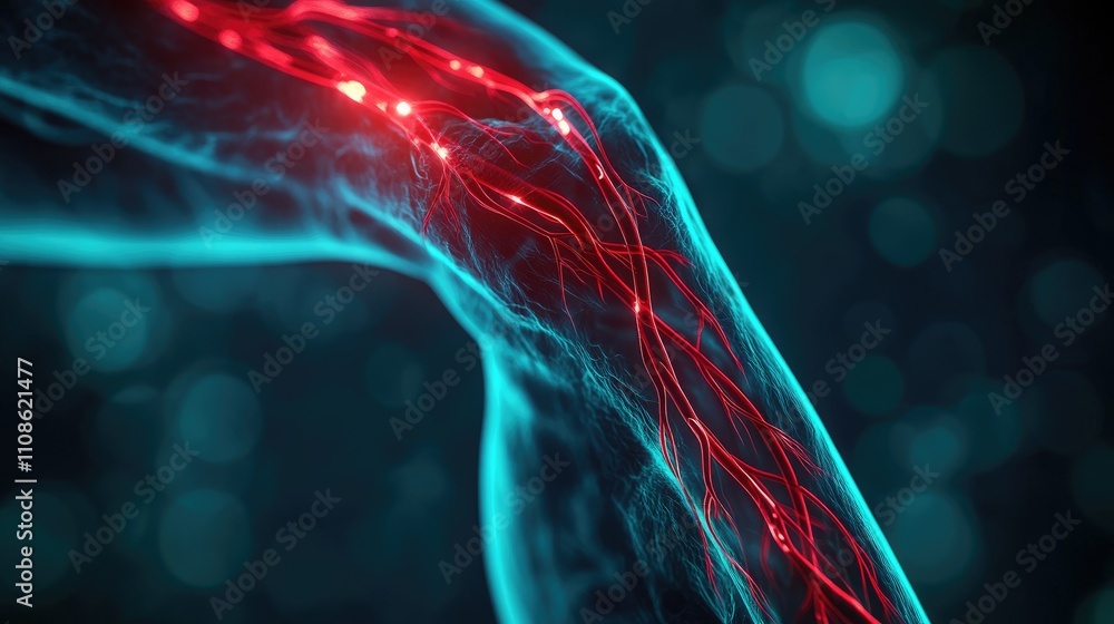 Detailed view of the human leg's vascular system, showing blood flow through veins and arteries with glowing highlights. Detailed view of the human leg's vascular system, showing blood flow through veins and arteries with glowing highlights.
