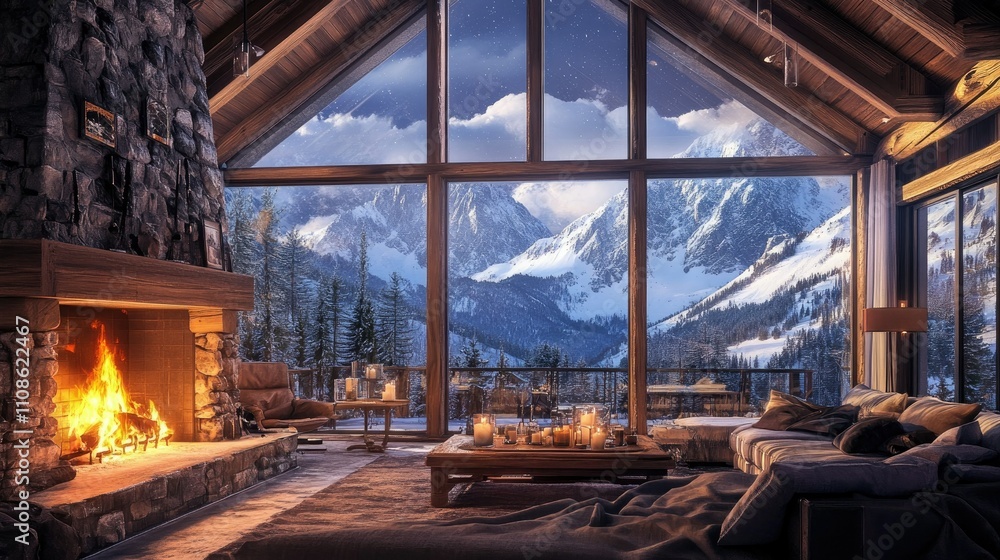 Luxury chalet interior with a blazing fireplace, overlooking majestic snowy mountain peaks, perfect for a cozy winter retreat Luxury chalet interior with a blazing fireplace, overlooking majestic snowy mountain peaks, perfect for a cozy winter retreat