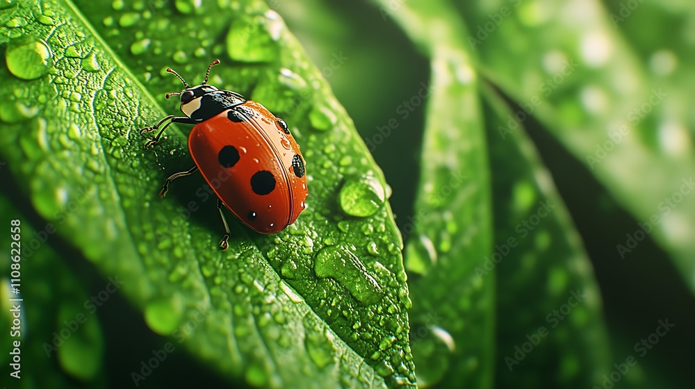 Fototapeta premium A macro shot of a ladybug on a leaf, macro lens at aperture f/3.5, natural daylight, and extreme close-up for vibrant detail. 