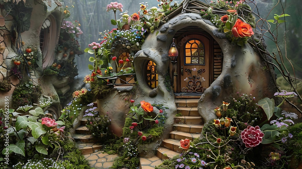 Fototapeta premium Whimsical fairy mansion: fairy prince's villa with winding outdoor stairs and a lush fairy garden