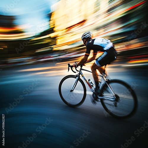 A motion blur photo of a cyclist speeding down the street, telephoto lens capturing the energy, shutter speed 1/1000s, and panning shot. 