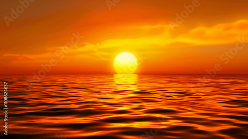 Beautiful sunset above the sea or lake: Amazing evening travel scene with the low sun reflected in the water and an orange sky. A mix of warm and cold light.
