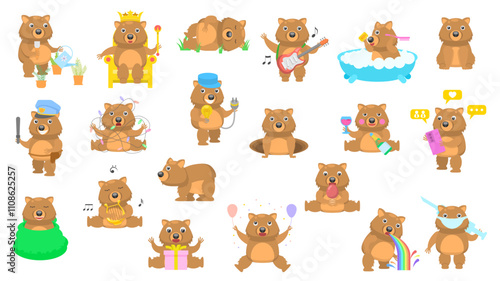Big Set Abstract Collection Flat Cartoon Different Animal Wombats Vector Design Fauna Wildlife