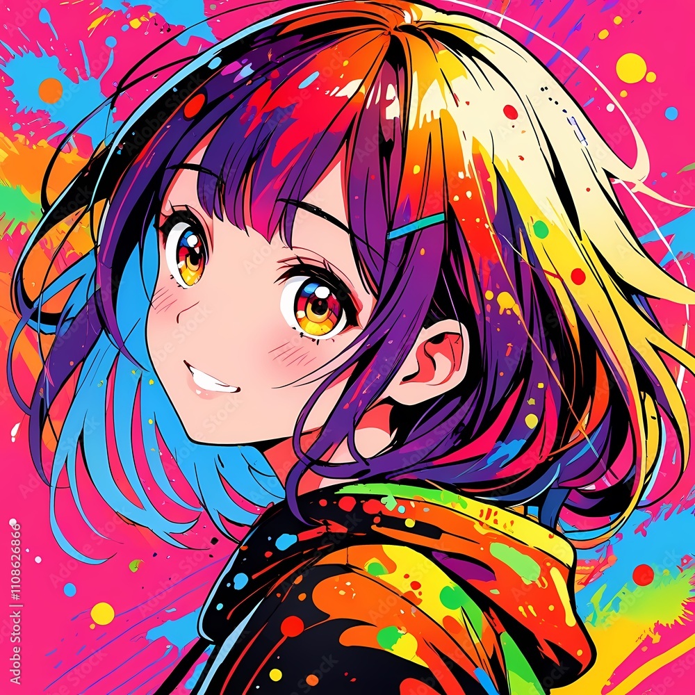 Naklejka premium anime girl with splatter color effect