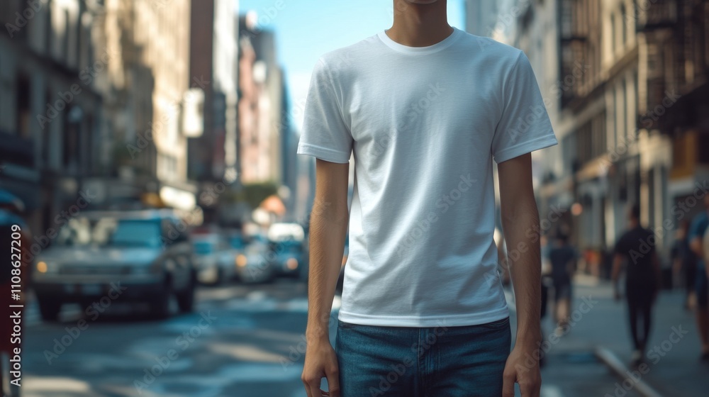 A Man in a White T-Shirt Walking Down a Busy City Street in New York City, showcasing a simple yet stylish everyday look A Man in a White T-Shirt Walking Down a Busy City Street in New York City, showcasing a simple yet stylish everyday look