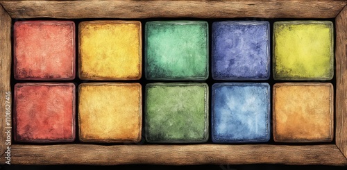 A 3D urban backdrop featuring a random colorful mosaic with warm industrial decor..An urban 3D setting enhanced by a haphazard colorful mosaic under warm industrial decorations..A chaotic colorful