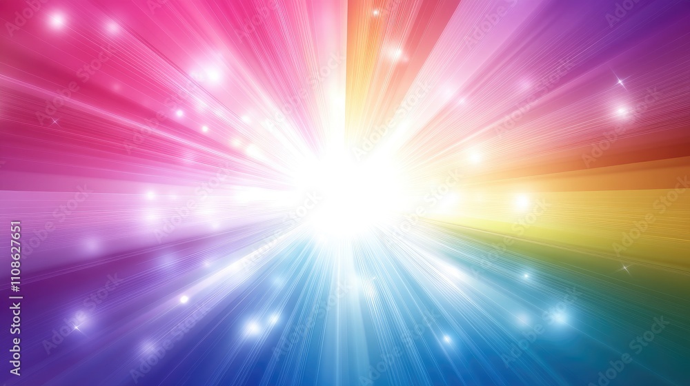 Vibrant Rainbow Burst: Radiant Light Beams and Glittering Stars in a Colorful Spectrum Vibrant Rainbow Burst: Radiant Light Beams and Glittering Stars in a Colorful Spectrum