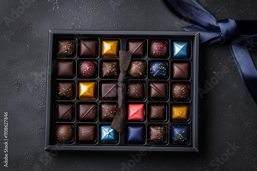 A collection of assorted chocolates in a decorative box with elegant wrapping and copy space. Soft ambient light. Gift set background.  photo