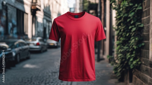 Red T-Shirt Mockup: Urban Street Style Apparel Product Photography photo