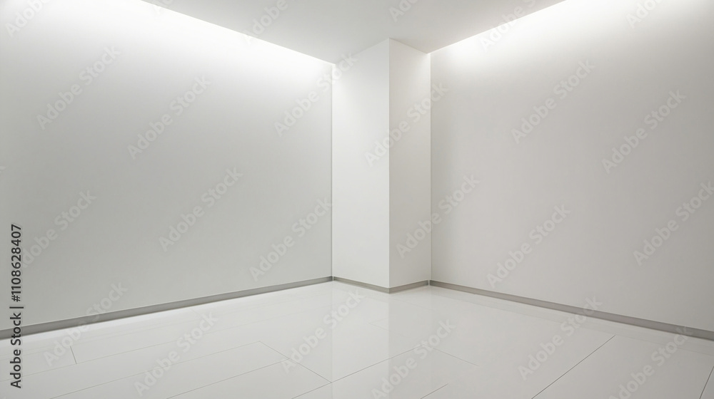 White empty studio room interior design, white walls and corner, tiled white empty floor background
White empty studio room interior design, white walls and corner, tiled white empty floor background