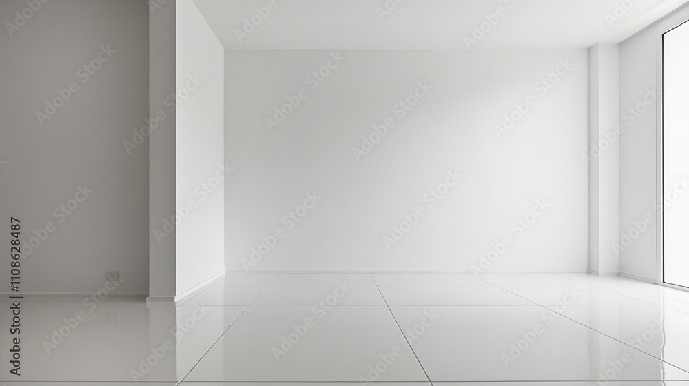 Fototapeta premium White empty studio room interior design, white walls and corner, tiled white empty floor background
