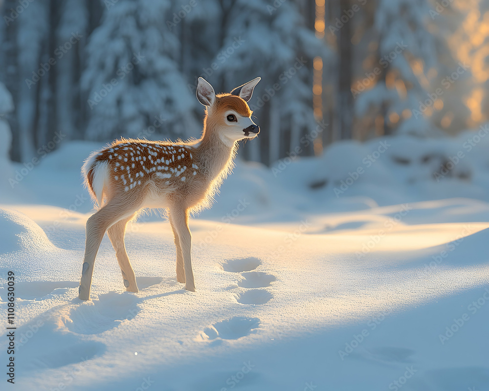 Obraz premium White-tailed deer fawn in snowy winter forest.