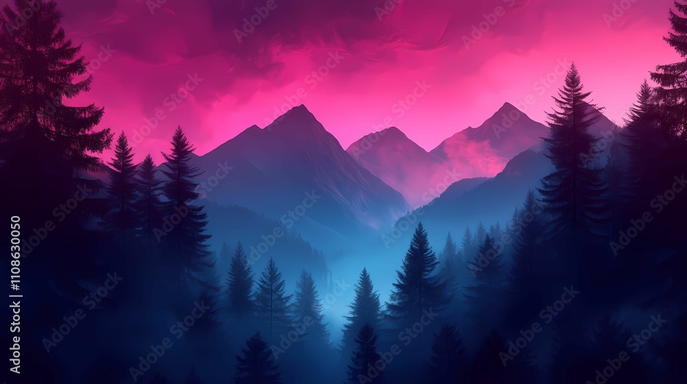 Obraz premium A vibrant, surreal landscape featuring mountains and forests under a stunning pink and blue sky at dusk.