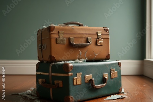 Two vintage suitcases, one brown and one green, sit stacked with cracked glass on top, evoking nostalgia and history, enhanced by soft ambient lighting. photo