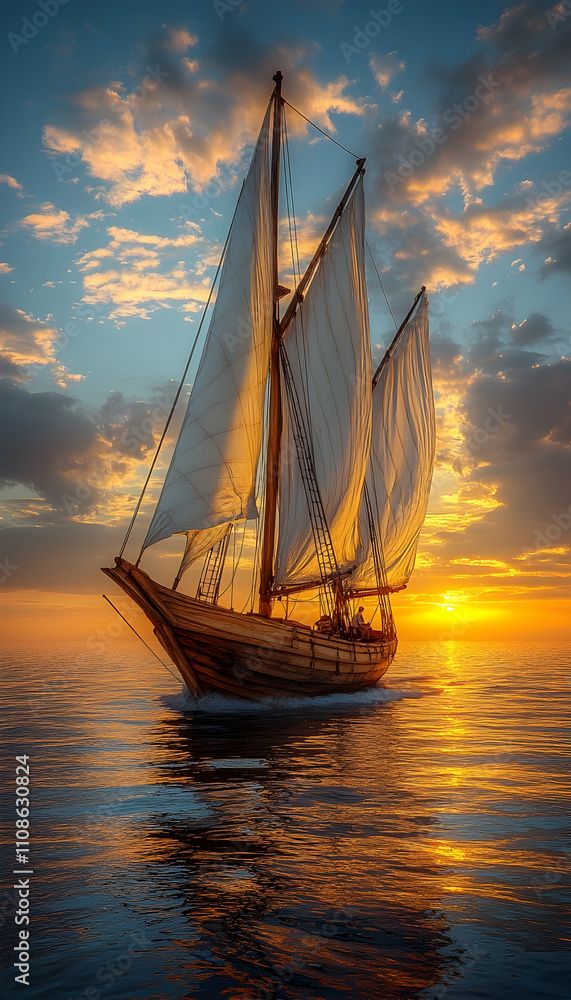 Fototapeta premium Wooden sailboat sailing at sunset, reflecting golden light on calm ocean water.