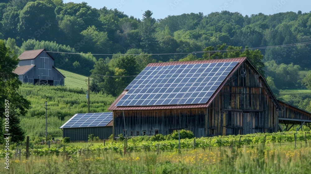 Obraz premium A peaceful countryside with solar panels installed on barn roofs providing clean energy to support sustainable farming practices on the land and in neighboring wildlife habitats.
