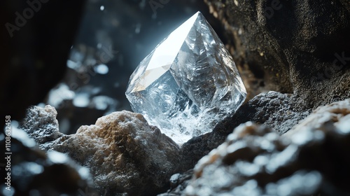 A sparkling crystal discovered in a rocky underground cave.