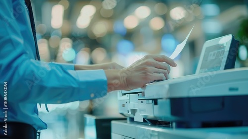 A businessman in a corporate office environment uses a multifunction laser printer to print important documents. The image highlights the use of ink or toner supplies in a professional setting.