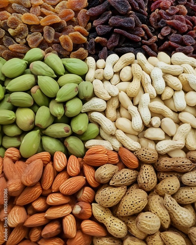 A colorful assortment of nuts and dried fruits arranged in a visually appealing manner.