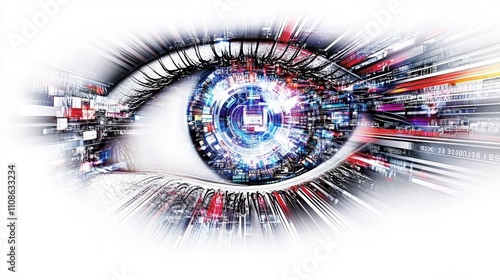 A close-up of the human eye is enveloped by digital graphics and blue light patterns, giving it a futuristic and tech-savvy appearance. The detailed features of the eye enhance its recognizability. photo