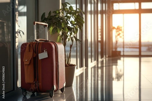 A piece of luggage is placed in a modern airport hallway, bathed in the warm glow of morning sunlight, symbolizing the theme of travel and wanderlust. photo