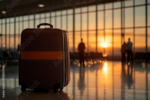 A lone suitcase sits in an airport terminal, silhouetted against a beautiful sunset, capturing the anticipation and excitement of an impending journey.