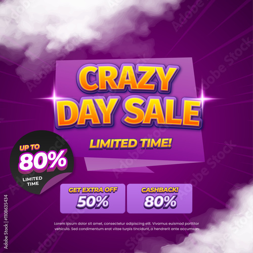 Crazy Shopping day Sale discount deals Editable text with vibrant violet purple Pop up foggy banner