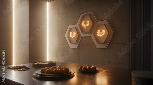 A minimalist table setup with a menorah, dreidels, and a plate of sufganiyot, bathed in soft lighting. photo