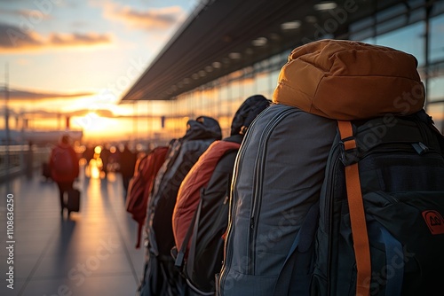 Several backpacks are lined up at the airport terminal during sunset. The scene captures the anticipation of travel and the serene beauty of the setting sun. photo