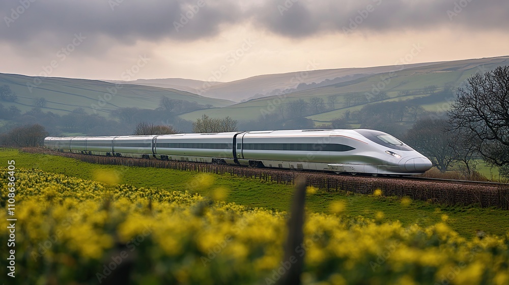 Fototapeta premium High-Speed Train Journey Through Rolling Hills